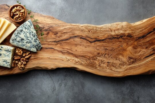 Gourmet cheese platter features blue cheese, yellow cheese, walnuts, thyme, rustic wooden board. - Powered by Adobe