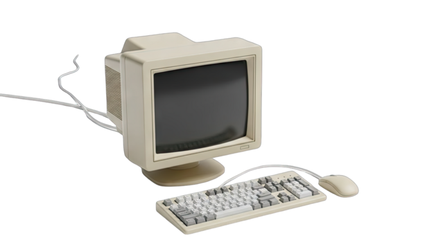 Retro beige computer monitor keyboard and mouse with cables connected on a transparent background a vintage technology setup - Powered by Adobe