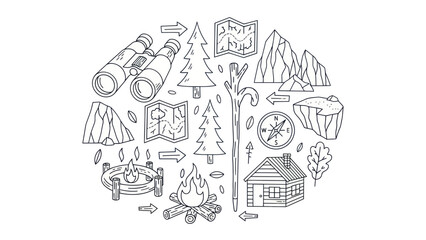 Naklejka premium Camping and outdoor recreation themed black and white illustrations