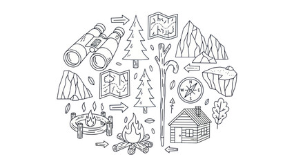 Fototapeta premium Camping and outdoor recreation themed black and white vector illustration