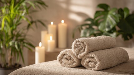 Relaxing spa scene with rolled towels and candles, conveying peace and serenity. Perfect for a wellness retreat or a moment of self-care and relaxation.