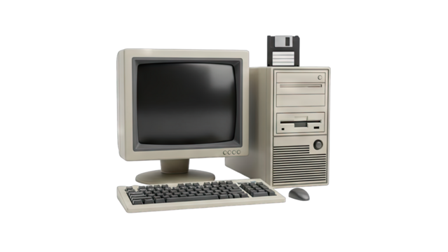 Retro beige personal computer system with CRT monitor keyboard and mouse on a transparent background showcasing vintage technology - Powered by Adobe