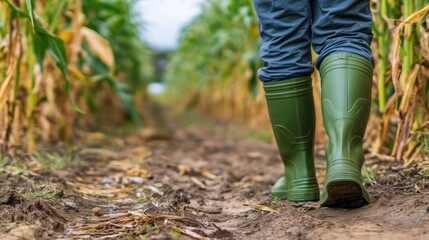 Rear view of a person walking through a muddy corn field in green rubber boots