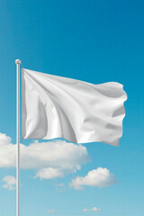 white flag on blue, white blank clean flag on blue sky background in mockup style, vertical banner, free space for text and copy