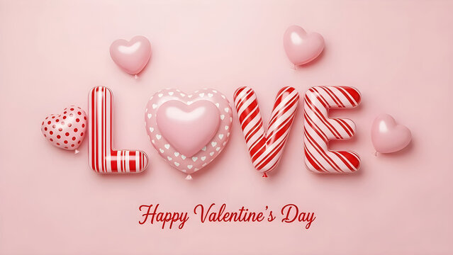 Pink and red candy striped balloons spell out love surrounded by floating hearts for valentines day - Powered by Adobe