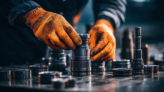 Close-up of gloved hands carefully assembling metal components, showcasing precision engineering and meticulous craftsmanship in a workshop environment.