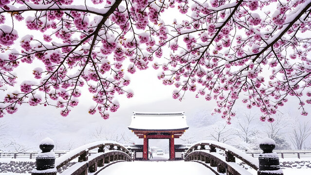 Stunning Japanese winter scene featuring snow covered cherry blossoms framing a traditional temple gate and bridge