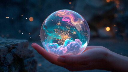 sparkling magic ball in hand, horizontal banner, free space for text, copy space