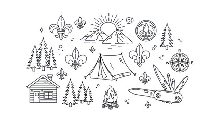Camping and outdoor recreation vector illustration set with nature elements