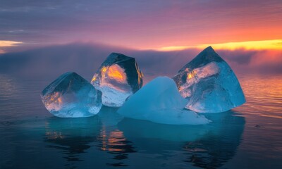 Obraz premium Ice crystals at dawn on a still lake. Sunrise hues reflect in clear ice
