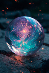 sparkling magic ball with sparks of fire, vertical banner, free space for text, copy space