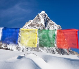 Prayer flags mount Arakam peak Nepal Himalaya mountain