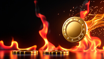Golden casino chips with bright flames on black background, horizontal banner, free space for text, copy space