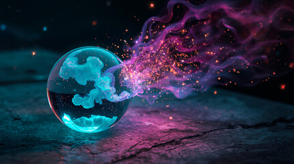 sparkling magic ball with sparks of fire, horizontal banner, free space for text, copy space