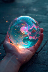 sparkling magic ball in hand, vertical banner, free space for text, copy space