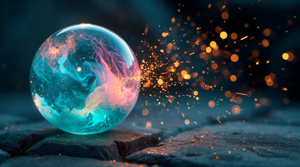 sparkling magic ball with sparks of fire, horizontal banner, free space for text, copy space
