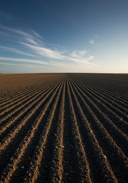 Vast agricultural landscape featuring fertile, dark soil stretching toward the horizon, ready for intensive spring planting and crop cultivation ,tilled ,rural ,earth