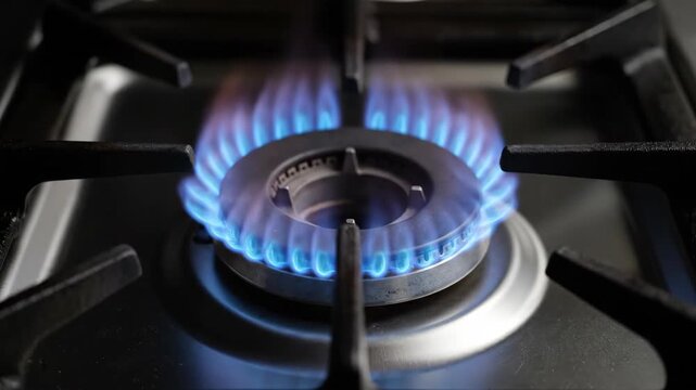 Top down view of lighting gas stove burner with lighter. Symmetrical macro shot of flame igniting on kitchen appliance. Cooking preparation and energy start concept.