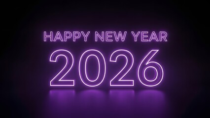 A glowing purple neon sign displaying "happy new year 2026" on a dark background