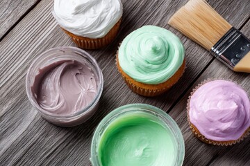 Colorful cupcakes with pastel frosting, open jars of sweet icing, paint brush set on rustic wood table.