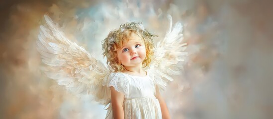 Obraz premium A charming little angel in pastel colors. A Christmas image for greeting cards, stickers, or posters. Watercolor illustration.