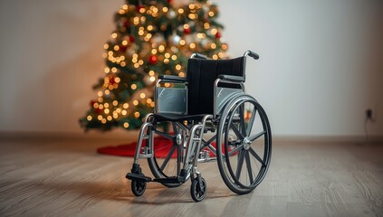 
A wheelchair in front of a Christmas tree