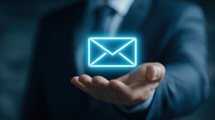 Hand holding a glowing digital blue email icon