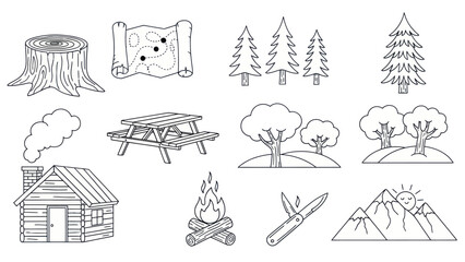 Camping and outdoors themed illustrations in black and white outline © Adi