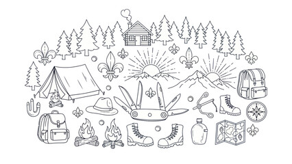 Fototapeta premium Camping and outdoors themed illustration tent cabin and nature elements