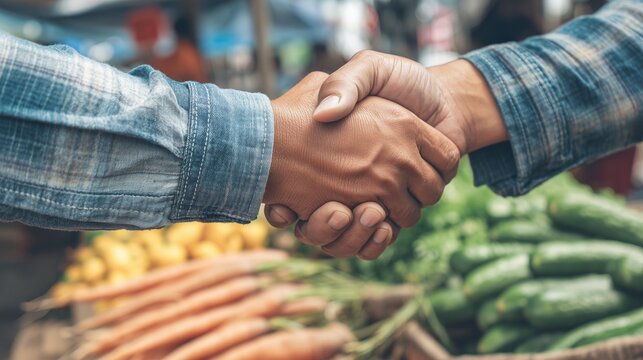 Handshake finalizing a deal over fresh produce in a market