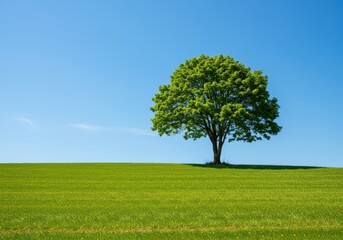 Obraz premium A lone green tree stands robustly on a grassy hill under a bright blue sky, symbolizing solitude, endurance, and unspoiled nature ,environment ,space ,life