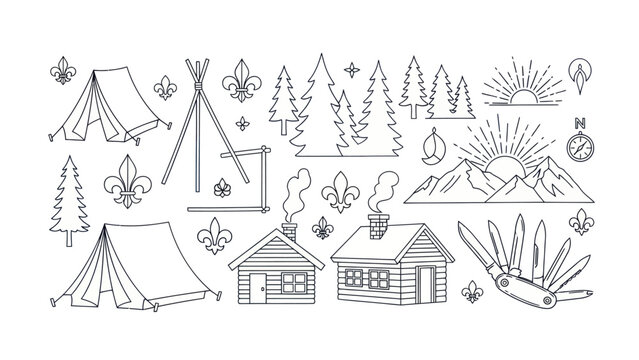 Camping and scouting vector set tents cabins trees and compass symbols