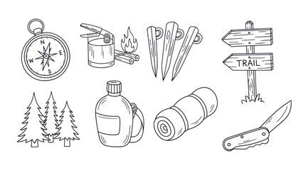 Camping equipment and forest elements in black and white outline