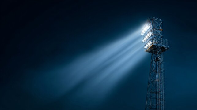 Illuminated stadium floodlight tower against dark night sky with strong beams of light and industrial metal structure in dramatic perspective