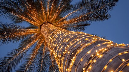 Palm tree wrapped in string lights against a dark blue sky