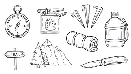 Obraz premium Camping equipment set illustration for outdoor adventures and activities