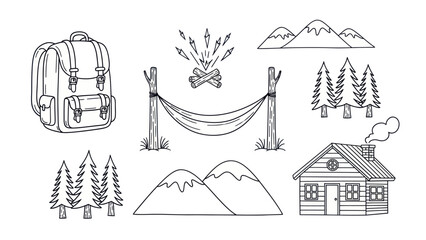 Camping essentials illustrated in detailed line art style for outdoor adventures
