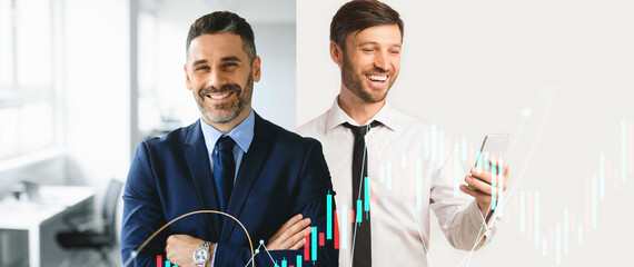 Two business professionals smile while discussing work. One man stands confidently with crossed arms, and the other checks data on a tablet. Background features financial charts.