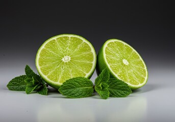 Bright green lime cut in half resting next to a scattering of fresh green mint leaves, suggesting ingredients for a cold summer beverage ,half, slice, vital