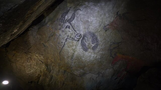 Camera Pan Across Ancient Cave Painting on Rock Wall