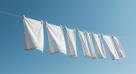 Crisp white laundry hanging tightly on a strong line, swaying gently in the fresh air under a bright sunny summer sky ,routine ,hygiene ,traditional