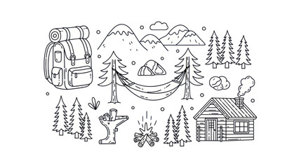 Camping illustration with backpack mountain hammock cabin and campfire elements
