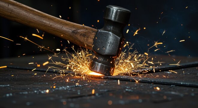 Close-up view of a large steel hammer striking a metal surface, creating sparks and deformation during heavy industrial work ,force ,movement ,deformation