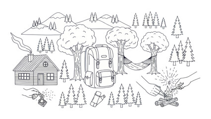 Obraz premium Camping scene illustration with backpack trees bonfire and forest elements