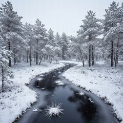 
A serene winter landscape featuring a peaceful snow-covered forest at dusk. Tall evergreen trees are blanketed with snow under a colorful sky, and soft light casts long shadows across the untouched 