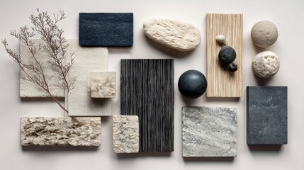Curated collection of tactile material samples including fabric, wood, stone, and ceramic textures arranged on a neutral surface, ideal for interior design