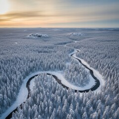 
A serene winter landscape featuring a peaceful snow-covered forest at dusk. Tall evergreen trees are blanketed with snow under a colorful sky, and soft light casts long shadows across the untouched 