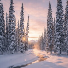
A serene winter landscape featuring a peaceful snow-covered forest at dusk. Tall evergreen trees are blanketed with snow under a colorful sky, and soft light casts long shadows across the untouched 