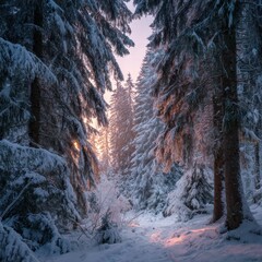 
A serene winter landscape featuring a peaceful snow-covered forest at dusk. Tall evergreen trees are blanketed with snow under a colorful sky, and soft light casts long shadows across the untouched 