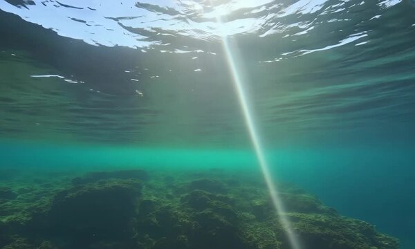 This stunning underwater video captures rays of sunlight piercing through crystal-clear ocean water. The vibrant hues of the ocean floor and gentle waves create a serene atmosphere, showcasing the bea